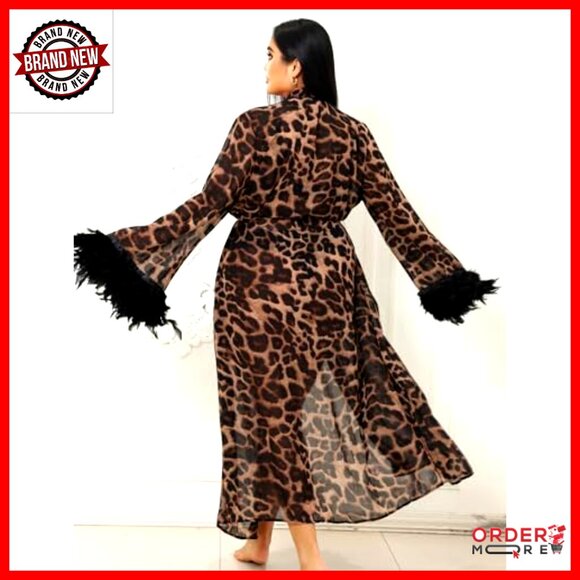 Plus Size Sheer Feather Trim Robe Chiffon Lingerie Mesh Bridal - Picture 6 of 7